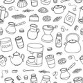Seamless pattern with coffee, tea, cocoa items. Royalty Free Stock Photo