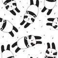 Black and white seamless pattern with happy pandas. Decorative cute background with animals