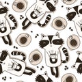 Black and white seamless pattern with happy raccoons, cups with coffee. Decorative cute background, funny animals