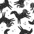 Black and white seamless pattern with horses, stars. Decorative cute background with animals