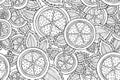 Black and white seamless pattern with lemons, oranges and leaves. Graphic citrus background.