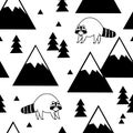 Black and white seamless pattern of a raccoon, mountains and forests Royalty Free Stock Photo