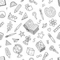 Black and White Seamless Pattern of School Stationery.