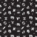 Black and white Seamless pattern Signs of the zodiac hand drawing. Royalty Free Stock Photo