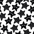Black and white seamless pattern with sleeping stars. Scandinavian kids, nursery design. Hand drawn vector illustration