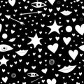 Black and white seamless pattern with stars, hearts, lips, arrows, eyes. colorful and festive