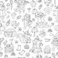 Black and white seamless pattern with vector autumn characters. Cute woodland animals line repeat background. Fall season coloring