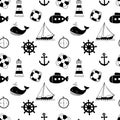 Black and white seamless pattern with whales, sailing ships, wheels, lifebuoys and lighthouses.