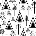 Black and white seamless pattern, wigwams, fir trees and trees. Decorative background with forest Royalty Free Stock Photo