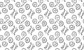 Black and white seamless pattern for the zodiac sign Pisces from doodles hand-drawn. Pairs of fish of the catfish family and astro