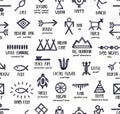 Black and white seamless repeatable pattern with Native American Symbols and their meanings. Royalty Free Stock Photo