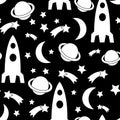 Black and white seamless space pattern. Cosmic background with stars, planet, spaceship, rocket, moon.