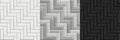 Black and white seamless textures of herringbone tiles. Set of vector grayscale paving floor