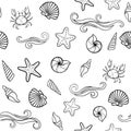 Black and white Seashell seamless pattern. design for holiday greeting card and invitation of seasonal summer holidays, summer bea