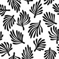 Black and white seaweed ocean flora leaves seamless pattern, vector