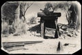 Black and White Sepia Vintage Photo of Goldfield Gold Mine old entrance to gold mine shaft with trolley Royalty Free Stock Photo