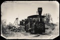 Black and White Sepia Vintage Photo of Old Train in Goldfield Gold Mine Ghost Town in Youngsberg, Arizona