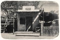 Black and White Sepia Vintage Photo of Old Western Jail in Goldfield Gold Mine Ghost Town in Youngsberg, Arizona Royalty Free Stock Photo