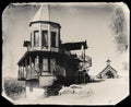 Black and White Sepia Vintage Photo of Old Western Wooden Building/Brothel in Goldfield Gold Mine Ghost Town Royalty Free Stock Photo