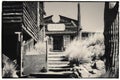 Black and White Sepia Vintage Photo of Old Western Wooden Buildings in Goldfield Gold Mine Ghost Town in Youngsberg