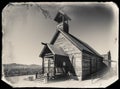 Black and White Sepia Vintage Photo of Old Western Wooden Church in Goldfield Gold Mine Ghost Town in Youngsberg Royalty Free Stock Photo