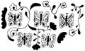 Black and white set of 5 abstract butterflies with patterns inside, 4 unusual flowers and 2 wavy shapes. Isolated hand-drawn desig Royalty Free Stock Photo