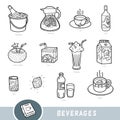 Black and white set of beverages, collection of vector items with names in English. Cartoon visual dictionary