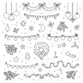 Black and white set of Christmas items. Cartoon collection