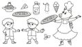 Black and white set with cook wolf and two boys, pizza, gelato, spaghetti, olive oil. Coloring page for Italian cuisine restaurant