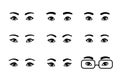 Black and white set of different male and female eyes. Asian, European, African cartoon simple pairs of eyes with eyebrows, shape Royalty Free Stock Photo