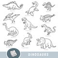 Black and white set of dinosaurs, collection of vector animals with names in English. Cartoon visual dictionary Royalty Free Stock Photo