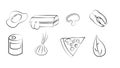 Black and white set of eight icons of delicious food and snacks items for a restaurant bar cafe on a white background: egg, Royalty Free Stock Photo