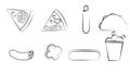 Black and white set of eight icons of delicious food and snacks items for a restaurant bar cafe on a white background: pizza, hot