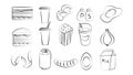 Black and white set of 15 food and snack items icons for restaurant bar cafe: sandwich, burger, soda, drink, popcorn, lemonade, Royalty Free Stock Photo