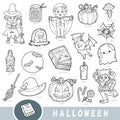 Black and white set of Halloween objects. Visual dictionary for kids about autumn holiday