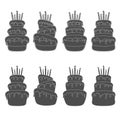Black and white set of illustrations with a birthday cake. Isolated vector objects.