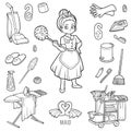 Black and white set with maid and objects for cleaning