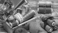 Black and white set. A small wooden box with threads on spools Royalty Free Stock Photo