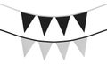 Black and White set of Triangular Bunting, hanging on a string.