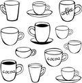 Black and white set of twelve different cups and mugs. Crockery vector set with mugs.