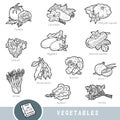 Black and white set of vegetables, collection of nature items with names in English. Cartoon visual dictionary for children about