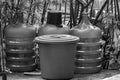 black and white from several plastic gallons and buckets Royalty Free Stock Photo