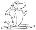 Black And White Shark Cartoon Mascot Character Surfing And Holding A Thumb Up