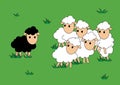 Black and white sheep. Black sheep is different and alone. Vector Illustration.