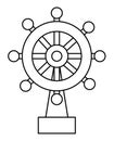 Black and white ship steering wheel icon. Water line boat helm illustration. Outline pirate vessel hand wheel picture isolated on Royalty Free Stock Photo