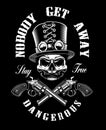Black and white shirt design with a skull and guns,