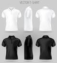 Black and white short sleeve polo shirt design templates front, back, and side views .