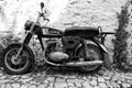 Black and white shot of classic vintage Czech Jawa motorbike