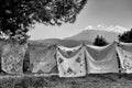 Black and white shot of cloths on washing line in countryside, Albania