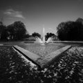 Black and white shot of fountains in Ebert park in Ludwigshafen, Germany